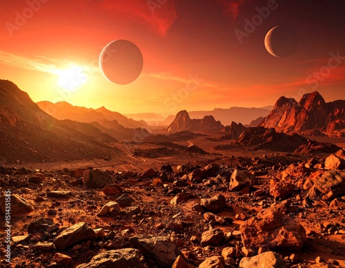 Alien sunset over a rocky landscape