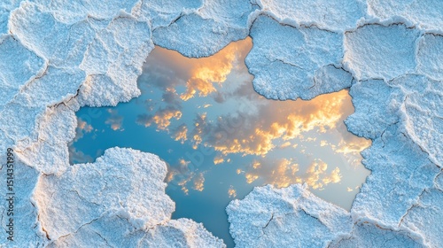 Utah salt flats dramatic sunset reflection in natural water depression surrounded by white salt crystal formations creating geometric patterns and textures