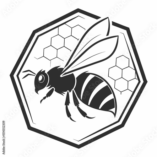 Illustration of a bee with honeycomb in a hexagon frame