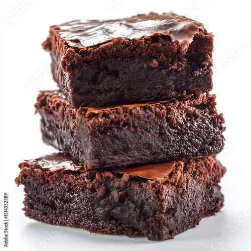 a batch of rich chocolate brownies neatly arranged in a spacious layout and beautifully isolated on white background under studio lighting