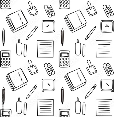 Variety of office supplies, such as a calculator, pen, and paper, arranged in a pattern