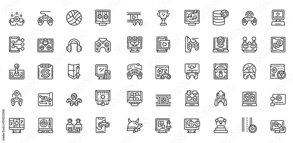 Array of linear gamerelated icons including consoles controllers monitors and trophies Array of linear gamerelated icons including consoles controllers monitors and trophies