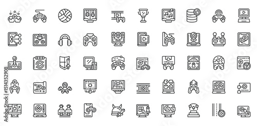 Array of linear gamerelated icons including consoles controllers monitors and trophies