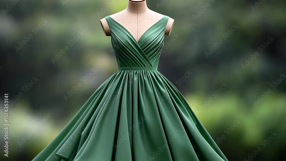 Elegant emerald green ball gown on a mannequin, displayed against a blurred green background. Soft lighting enhances the fabric's drape