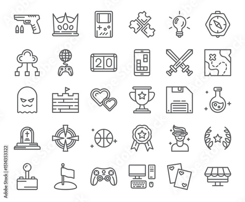 Outline icons featuring various gamerelated symbols