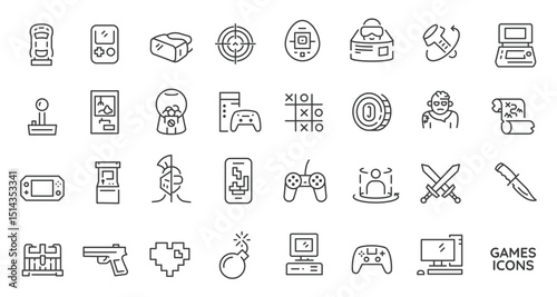 Outlinestyle icons of arcade machines handheld consoles joysticks swords and other elements related to video games
