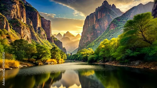 Tranquil river flows through majestic canyon at sunrise, nature's beauty