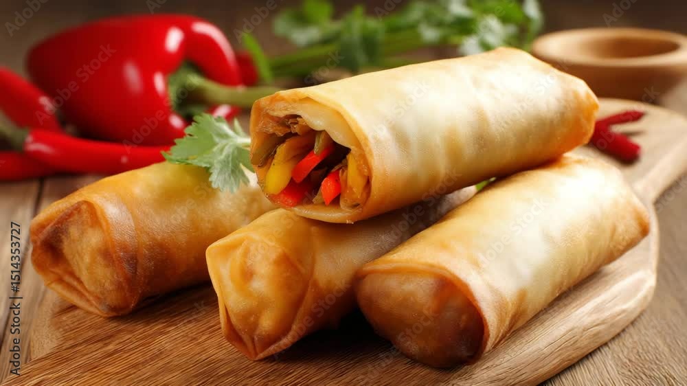 Crispy vegetable spring roll appetizer with chili pepper and cilantro, perfect crispy snack