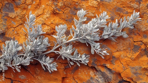 Wyoming sagebrush with characteristic silver-sage foliage against vibrant rust-colored rock formation natural desert texture background showing weathered sandstone and lichen growth patterns