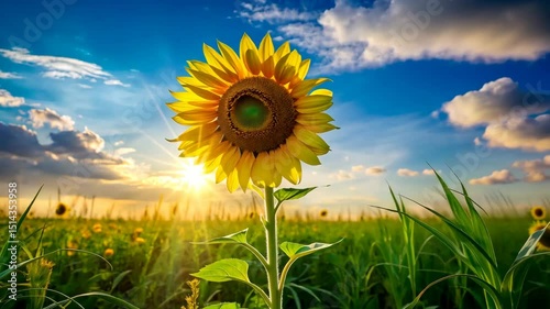 A Single Sunflower Stands Tall in a Field as the Sun Sets Behind It