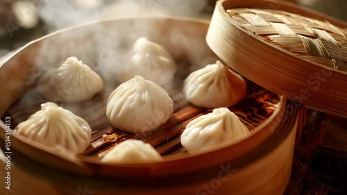 Steamed dumpling in bamboo basket with hot steam rising, delicious Asian food and Chinese cuisine