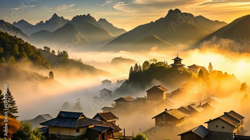 Golden Sunrise Over a Tranquil Village Nestled in the Misty Mountains