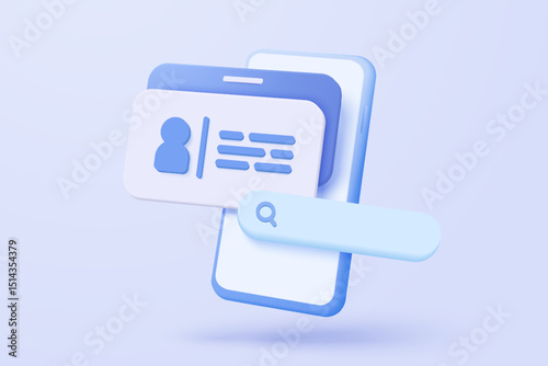 3d business card icon with search bar or magnifying glass for research info on mobile phone. Card with personal badge, identity profile, staff company. 3d magnifier icon vector render illustration