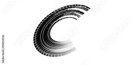 Grunge tire track, wheel braking marks. Truck, car or motorcycle tread pattern silhouette. Auto race, motorsport, speed racing design element.