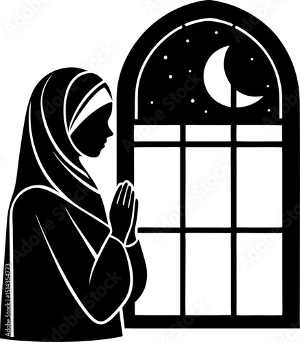 A muslim woman praying silhouette beside a night window with a crescent moon