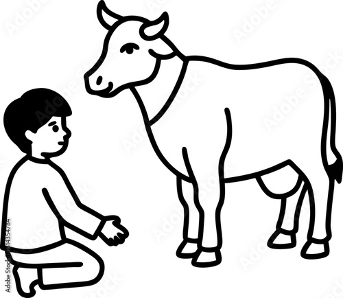 A young boy kneels to observe a cow a simple black and white illustration