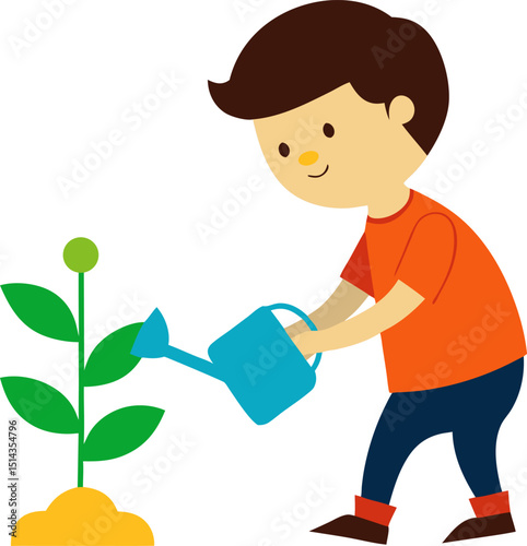 A young boy watering a newly planted sapling showing care for the environment and nurturing growth with sustainable practices