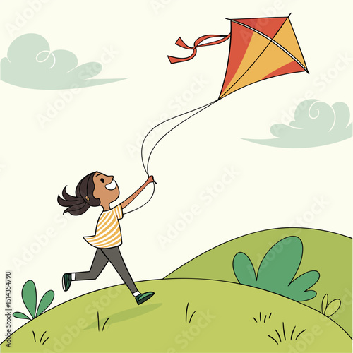 Cheerful girl joyfully runs and plays with a kite on a bright sunny day in a playful cartoon illustration