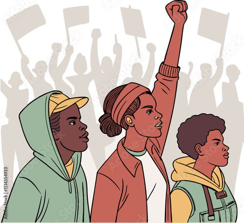 Illustration of a group of people protesting with raised fists and signs advocating for change