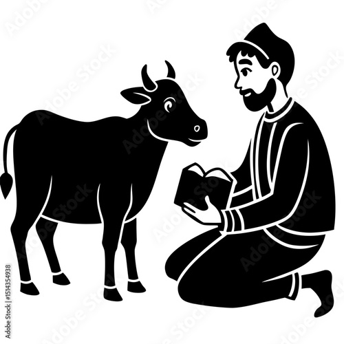 Illustration depicting a man reading to a cow in a minimalist black and white style.