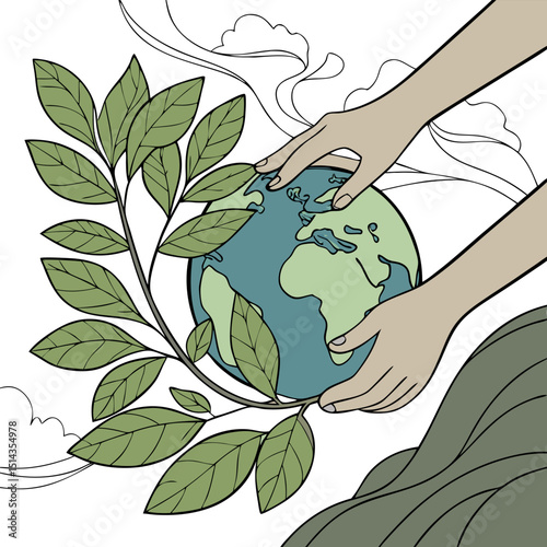 Protecting earth symbolized by hands cradle the globe and a branch with leaves environmental concept