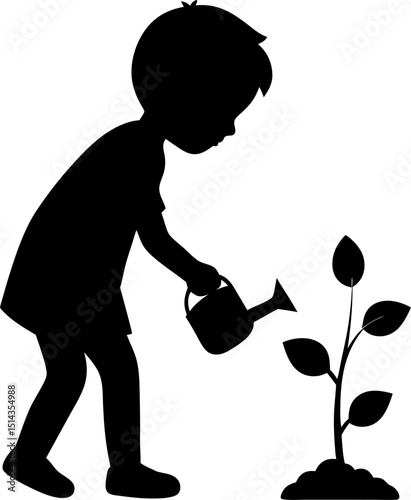 Silhouette of a child watering a sapling plant in a gardening or environmental preservation theme