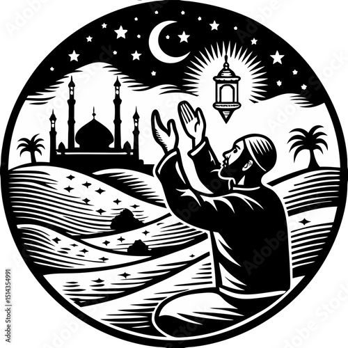 Ramadan illustration depicting a muslim man praying with a mosque and crescent moon in a circular composition