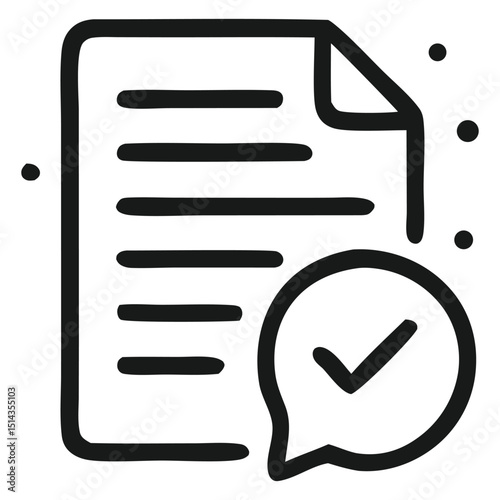 Tailored feedback icon for adaptive learning. Document with speech bubble and checkmark, symbolizing personalized response and constructive comments. Outline vector.
