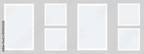 Set of postage stamps. Post stamp frame and border. Grey square and rectangular template for mail, postcard, letter. Jagged wavy edge forms. Vintage for poster, banner, badge, sticker - Stock Vector