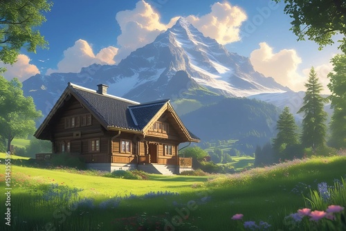 A cozy wooden cabin nestled in a vibrant mountain meadow, surrounded by wildflowers, lush trees, and majestic peaks under a bright blue sky with soft clouds.