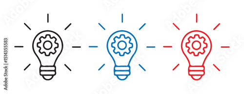 Electric Light Bulb Icons with Lightning Bolt – Vector Set in Black, Blue, and Red