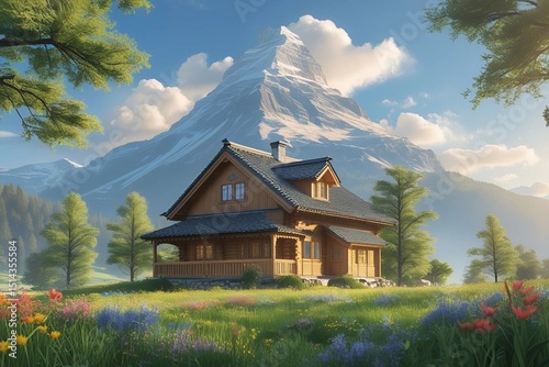 A cozy wooden cabin nestled in a vibrant mountain meadow, surrounded by wildflowers, lush trees, and majestic peaks under a bright blue sky with soft clouds.