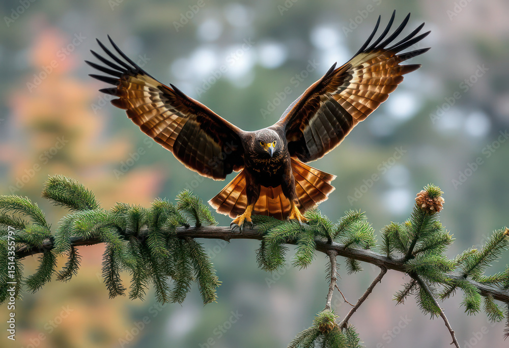Fototapeta premium Majestic Eagle, Wings Spread Wide, Landing on Branch