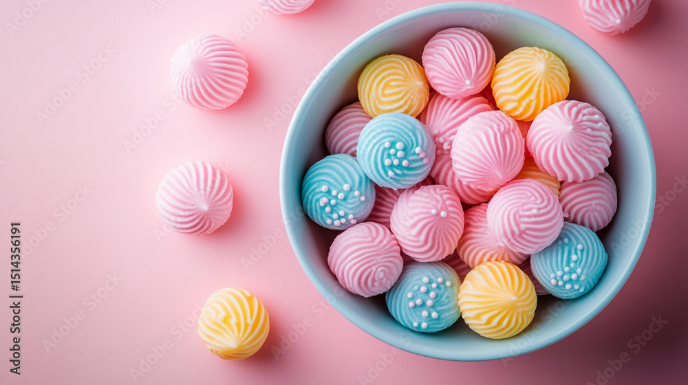 Obraz premium Delicious pastel meringues in a bowl sweet treats pink background egg blue food.