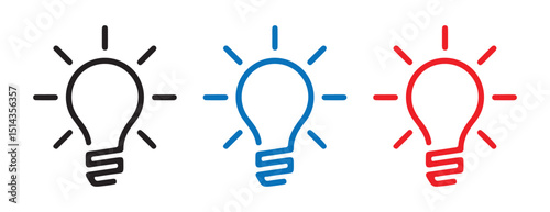 Minimal Light Bulb Icons in Black, Blue, and Red – Idea and Innovation Concept