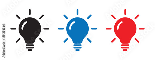 Electric Light Bulb Icons with Lightning Bolt in Black, Blue, and Red – Energy and Power Concept