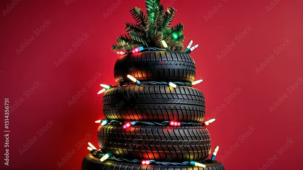 Christmas tree made of car tires and wheels on red background with copy space. Festive new year's video for car and tires business and car service organizations.