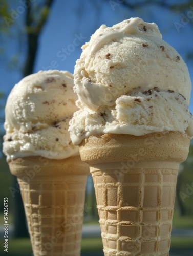 Two scoops of vanilla ice cream in cones