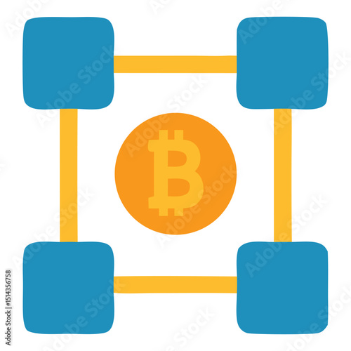 Blockchain technology icon with Bitcoin symbol and network structure. Represents decentralized ledger, crypto mining, and digital currency. Flat vector design.