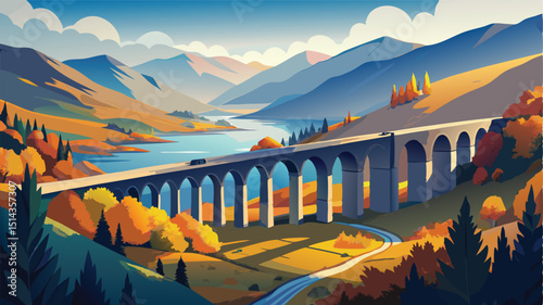 Scenic summer landscape featuring a bridge over a calm river or lake, reflecting the green forest and majestic mountains under the sky