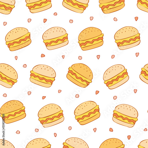 Pattern of cartoon hamburgers with cheese and mustard. The hamburgers are all different sizes