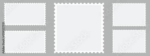 Postage stamp set. Mockup postage stamps with shadow. Blank postage stamp borders template collection. Realistic trendy post stamps set - vector stock 
