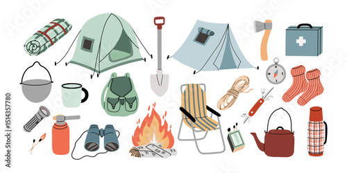 Flat vector illustration featuring a colorful set of isolated camping gear and outdoor items. Perfect for travel and adventure designs.