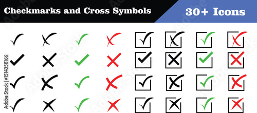 Set of Colorful Checkmarks and Cross Symbols in Black, Green, and Red Isolated on White Background for Design Use