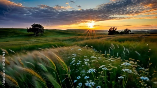 Golden Hour Serenity Wheat and Wildflowers Sway in the Sunset Breeze