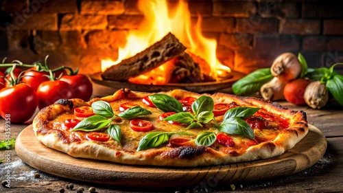 Freshly Baked Pizza with Basil and Tomatoes by the Fireplace