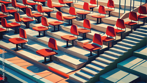 Red plastic chairs in rows form an empty stadium pattern, abstractly representing a group workforce