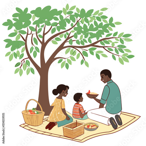 Family Picnic Under Tree Flat Color Vector Illust