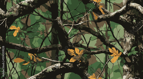 Camouflage seamless pattern. Forest real tree camouflage design. Hunting camouflage.