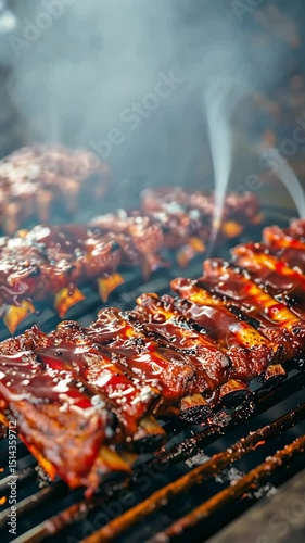 Juicy bbq ribs grilling over hot coals, releasing tantalizing smoke that infuses the atmosphere with a mouth-watering aroma. Perfect for summer cookouts and backyard gatherings.